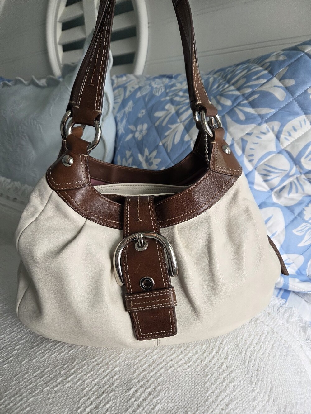 Coach Leather Lynn Soho White With Brown Trim